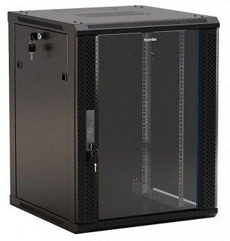 TWB-1566-GP-RAL9004 Шкаф настенный 19-дюймовый (19"), 15U, 775x600х600мм, стеклянная дверь с перфорацией по бокам, ручка с замком, цвет черный (RAL 90